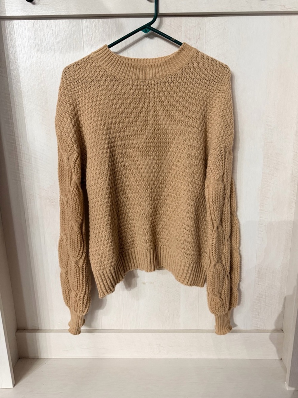 SHEIN Tan Cable-Sleeve Textured Crewneck Sweater